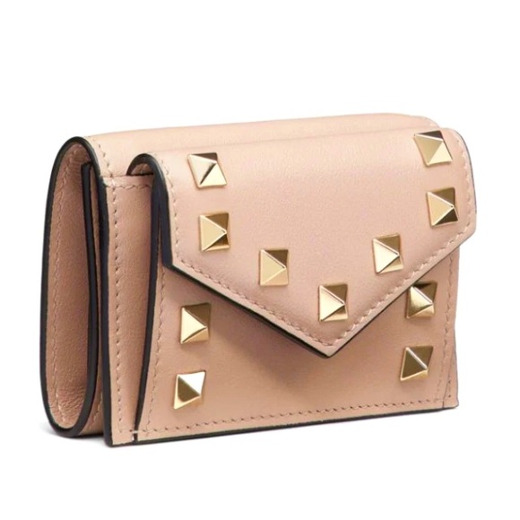 EUC VALENTINO GARAVANI Gold Rockstud Front Flap Mini Trifold Pale Pink Wallet - Picture 3 of 14